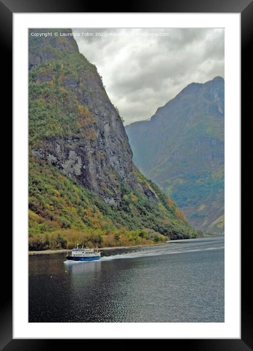 Boat in Norwegian Fjord Framed Mounted Print by Laurence Tobin