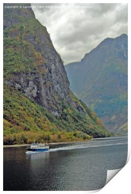 Boat in Norwegian Fjord Print by Laurence Tobin