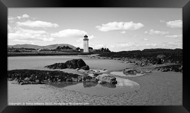 Southerness lighthouse and beach in black and white Framed Print by Fiona Williams