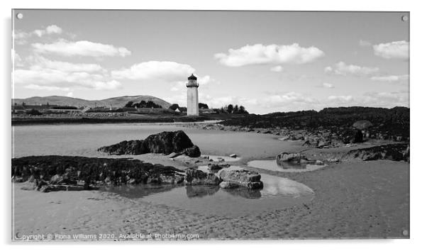 Southerness lighthouse and beach in black and white Acrylic by Fiona Williams