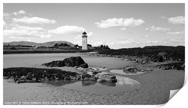 Southerness lighthouse and beach in black and white Print by Fiona Williams