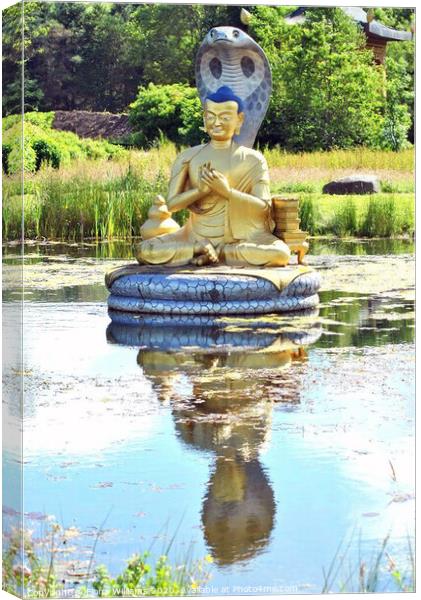 Nagarjuana statue in a pond at Samye Ling Buddhist Canvas Print by Fiona Williams