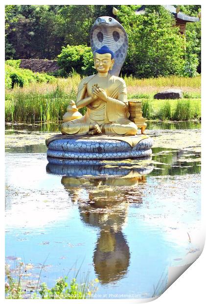Nagarjuana statue in a pond at Samye Ling Buddhist Print by Fiona Williams