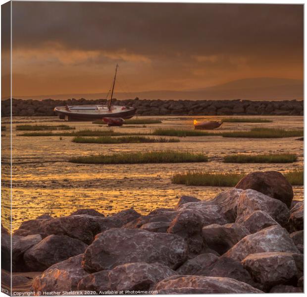 Morecambe Bay Boats at Sunset Low Tide Canvas Print by Heather Sheldrick
