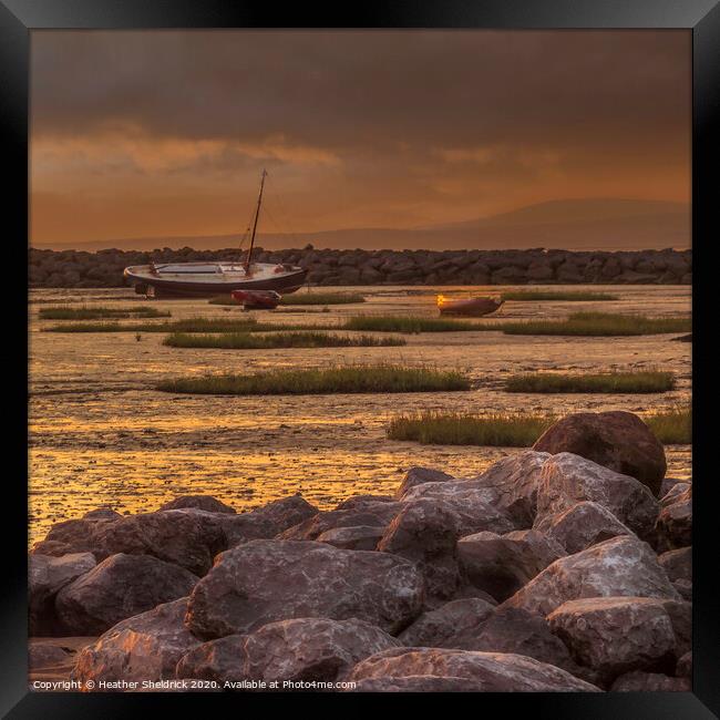 Morecambe Bay Boats at Sunset Low Tide Framed Print by Heather Sheldrick