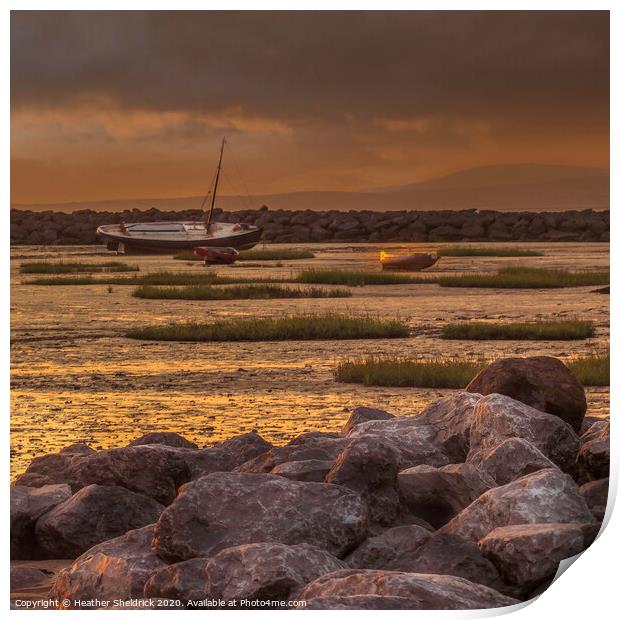 Morecambe Bay Boats at Sunset Low Tide Print by Heather Sheldrick