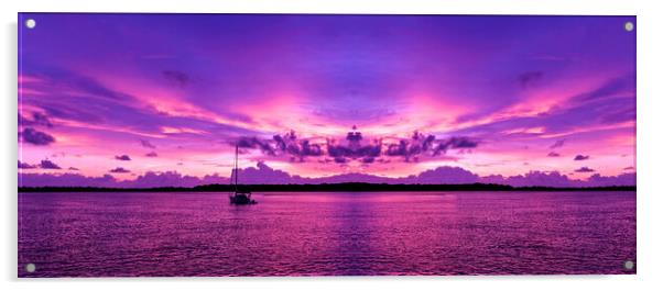  Coastal sunrise seascape in a purple sky.  Acrylic by Geoff Childs