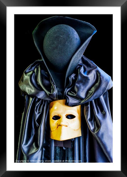 Traditional Venetian Mask Black Cape Venice Italy Framed Mounted Print by William Perry