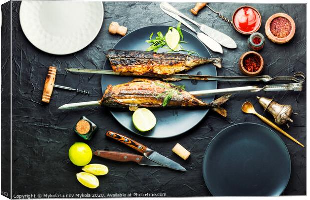 Whole grilled mackerel,skewered Canvas Print by Mykola Lunov Mykola