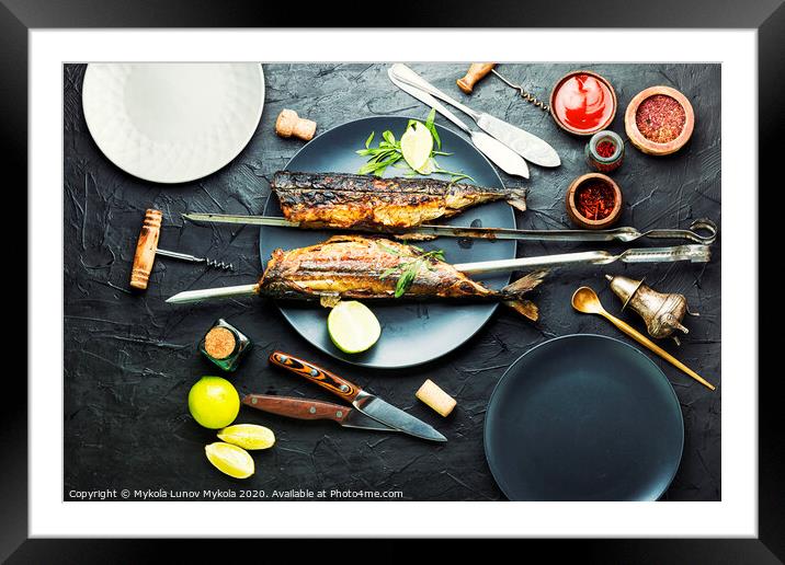 Whole grilled mackerel,skewered Framed Mounted Print by Mykola Lunov Mykola