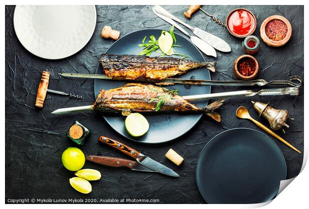 Whole grilled mackerel,skewered Print by Mykola Lunov Mykola