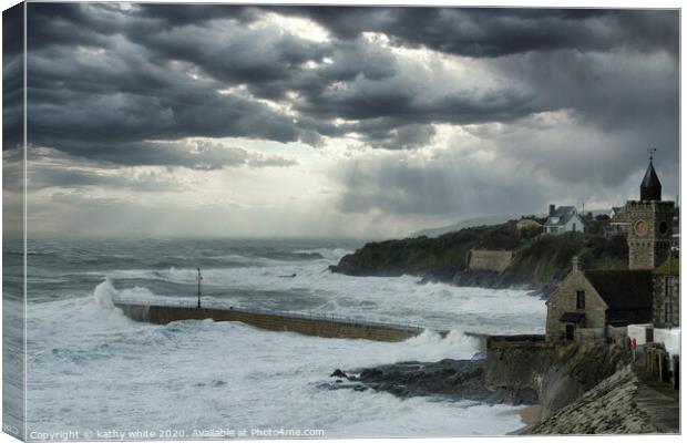  Porthleven Cornwall on a stormy day Canvas Print by kathy white