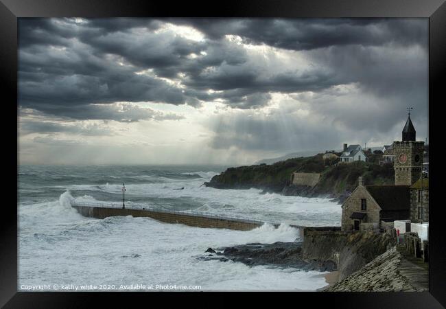  Porthleven Cornwall on a stormy day Framed Print by kathy white