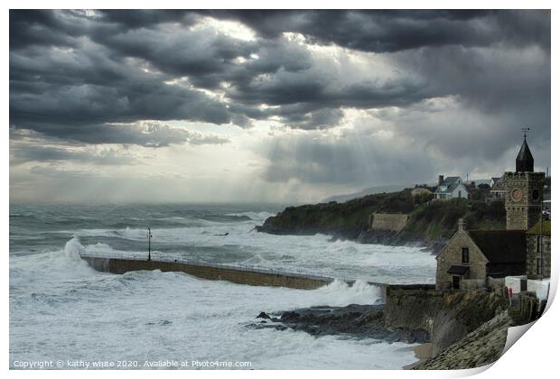  Porthleven Cornwall on a stormy day Print by kathy white