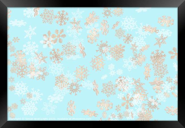 Falling snowflakes pattern on blue background Framed Print by Simon Bratt LRPS