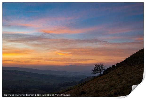 Dawn sky at Cown Edge, Glossop, Derbyshire Print by Andrew Kearton
