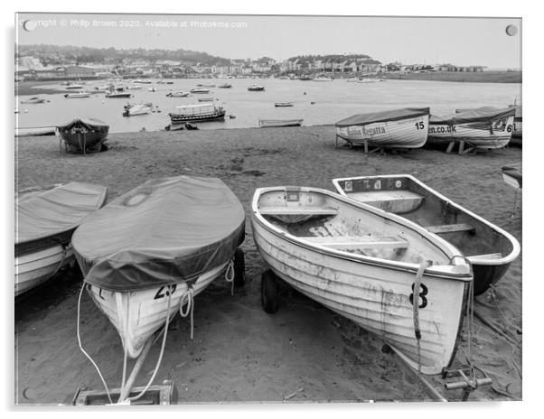 Boats on Teign River Beach, Teignmouth, Devon - B& Acrylic by Philip Brown