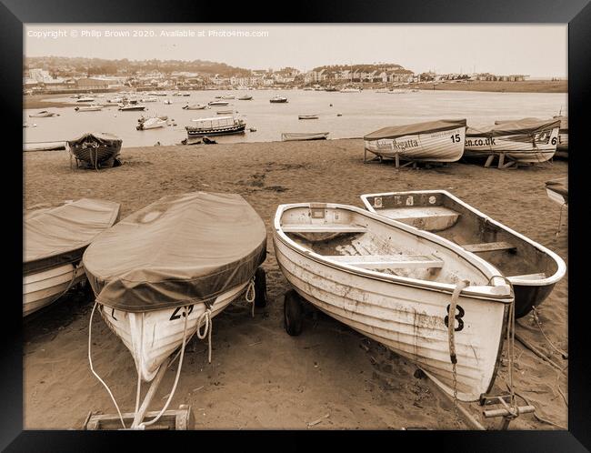 Boats on Teign River Beach, Teignmouth, Devon - Se Framed Print by Philip Brown
