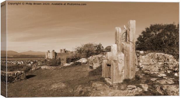 Harlech Castle Panorama, Sepia Canvas Print by Philip Brown