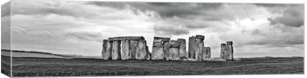 Panoramic view of Stonehenge ancient monument in black and white. Wiltshire, UK Canvas Print by Peter Bolton