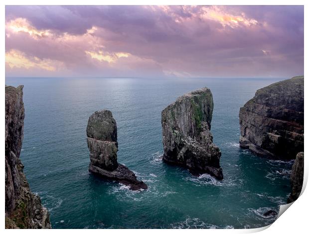 Stack Rocks Sunset, Pembrokeshire. Print by Colin Allen