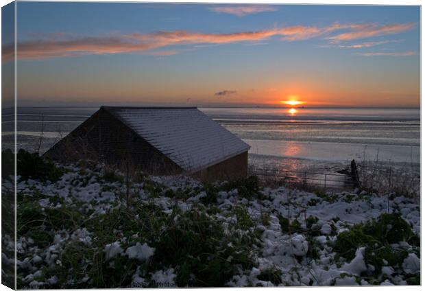 Winter sunrise at the old Boat Shed, Shoeburyness Garrison, Essex, UK. Canvas Print by Peter Bolton