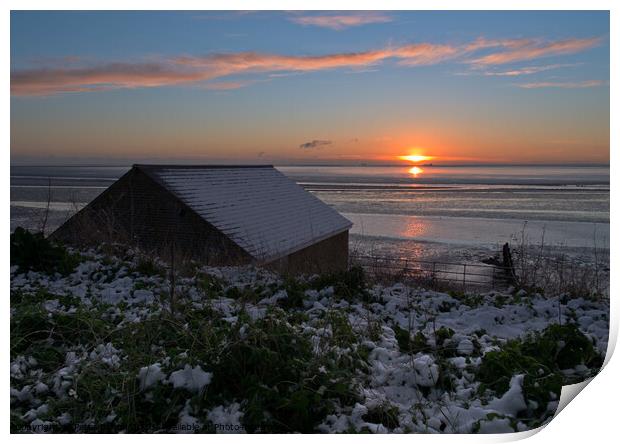 Winter sunrise at the old Boat Shed, Shoeburyness Garrison, Essex, UK. Print by Peter Bolton