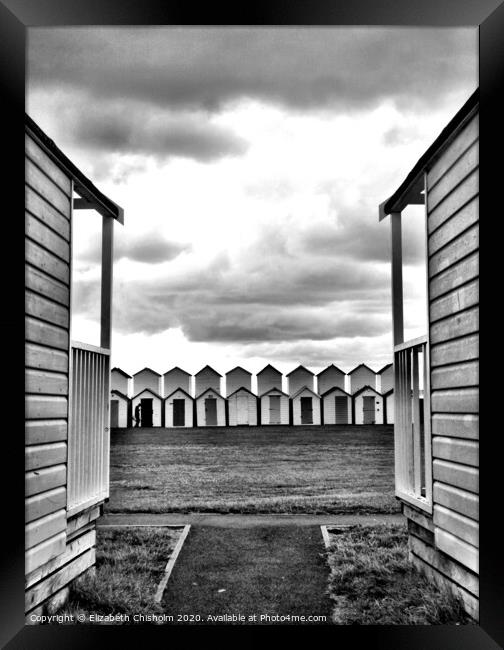 Beach huts at the end of the season - Black and Wh Framed Print by Elizabeth Chisholm