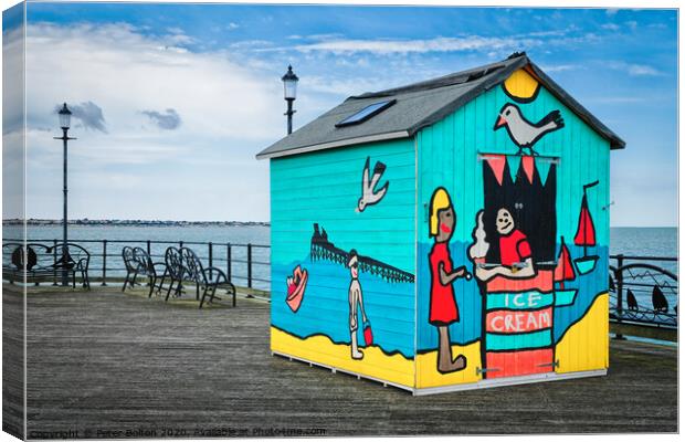 A beach hut display on the pier at Southend on Sea, Essex, Uk. Canvas Print by Peter Bolton
