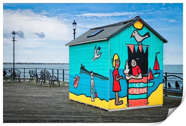 A beach hut display on the pier at Southend on Sea, Essex, Uk. Print by Peter Bolton