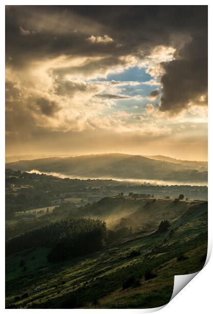 Mist and sunbeams over Charlesworth, Derbyshire Print by Andrew Kearton