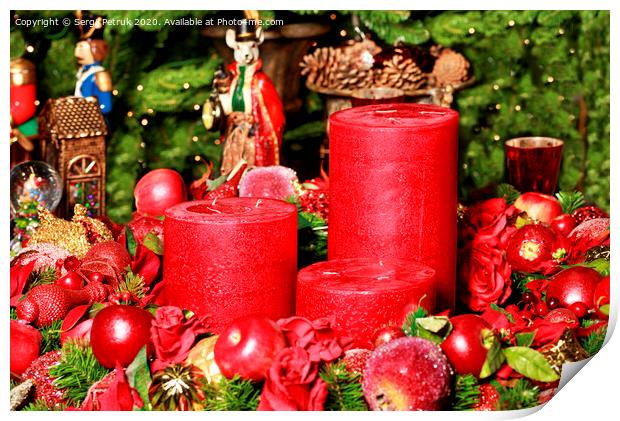 Three thick red candles surrounded by Christmas decorations and fairytale figures. Print by Sergii Petruk