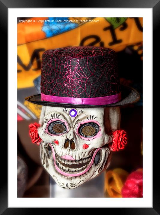 Halloween, skull doll with female makeup and a black-red hat, isolated on a blurred background. Framed Mounted Print by Sergii Petruk