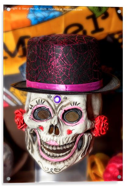 Halloween, skull doll with female makeup and a black-red hat, isolated on a blurred background. Acrylic by Sergii Petruk