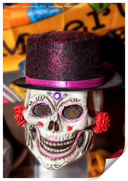 Halloween, skull doll with female makeup and a black-red hat, isolated on a blurred background. Print by Sergii Petruk