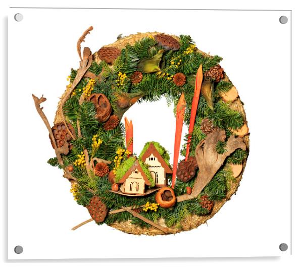 Christmas round wreath for home isolated on a white background. Acrylic by Sergii Petruk