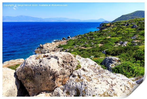 The coastline of the Ionian Sea is dotted with large stone boulders. Print by Sergii Petruk