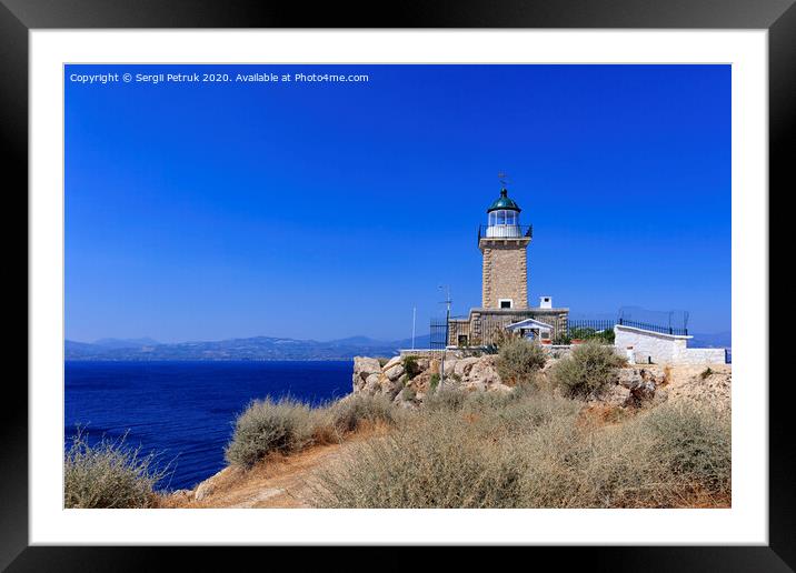 Old stone lighthouse on the high cape Malagavi, Loutraki, Greece. Framed Mounted Print by Sergii Petruk