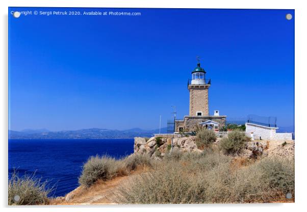 Old stone lighthouse on the high cape Malagavi, Loutraki, Greece. Acrylic by Sergii Petruk