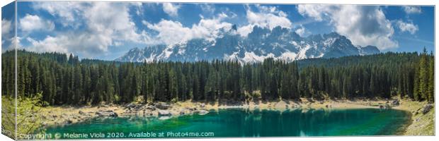 LAKE CAREZZA and mountain range | Panoramic Canvas Print by Melanie Viola
