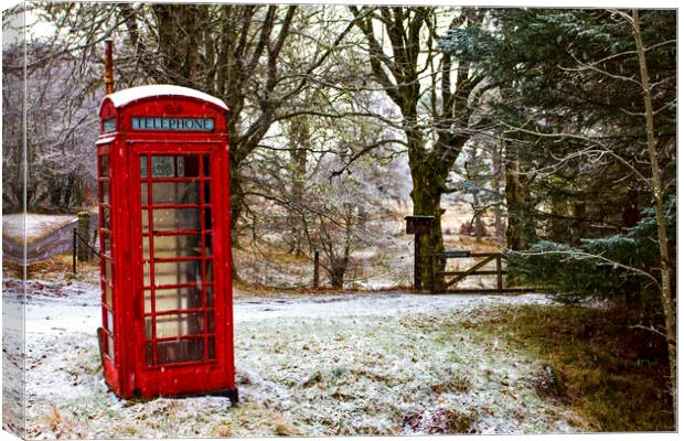 Old Red Phone Box in the Snow Canvas Print by Derek Beattie