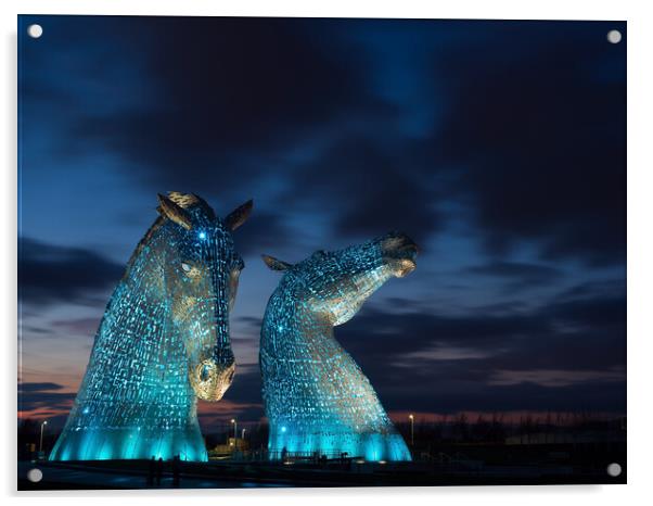 The Kelpies, Illuminated in blue at night. Acrylic by Tommy Dickson