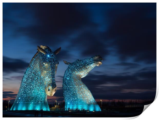 The Kelpies, Illuminated in blue at night. Print by Tommy Dickson