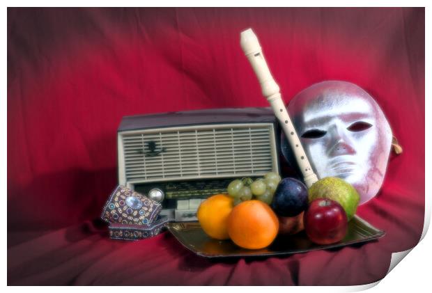 Still life with an old radio, mask and some fruit Print by Jose Manuel Espigares Garc