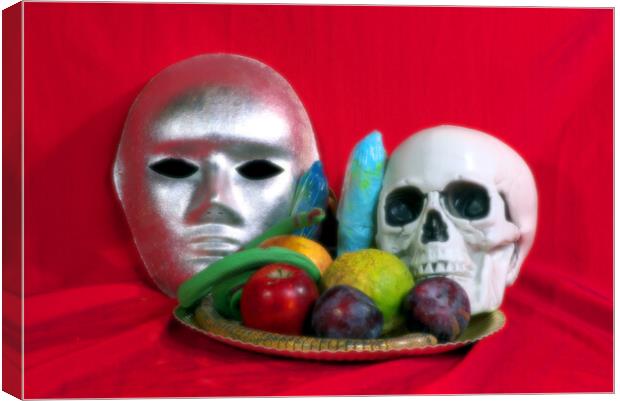 Still life with fruit, a skull and a mask Canvas Print by Jose Manuel Espigares Garc
