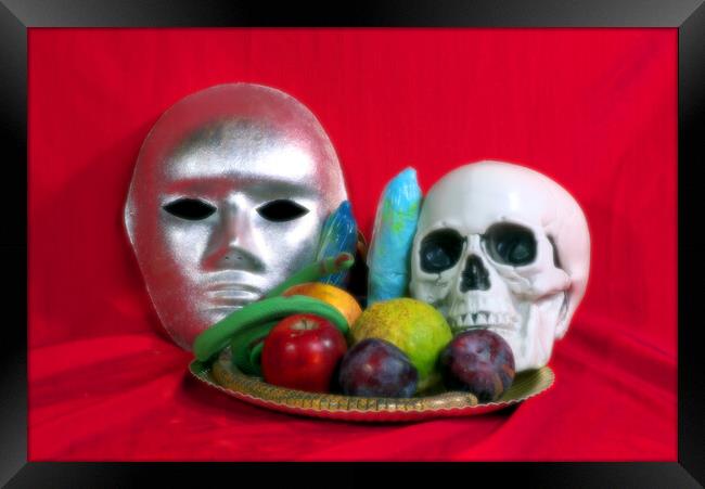 Still life with fruit, a skull and a mask Framed Print by Jose Manuel Espigares Garc
