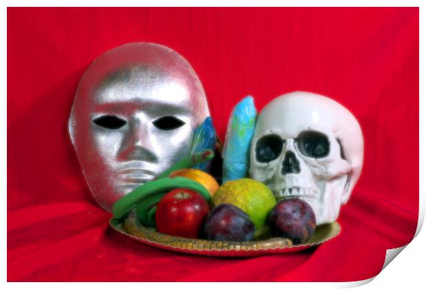Still life with fruit, a skull and a mask Print by Jose Manuel Espigares Garc