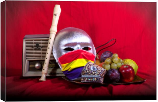 Still life with an old radio, mask and some fruit Canvas Print by Jose Manuel Espigares Garc