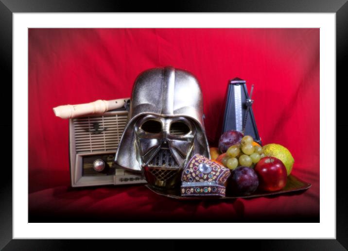 Still life with an old radio, mask and some fruit Framed Mounted Print by Jose Manuel Espigares Garc