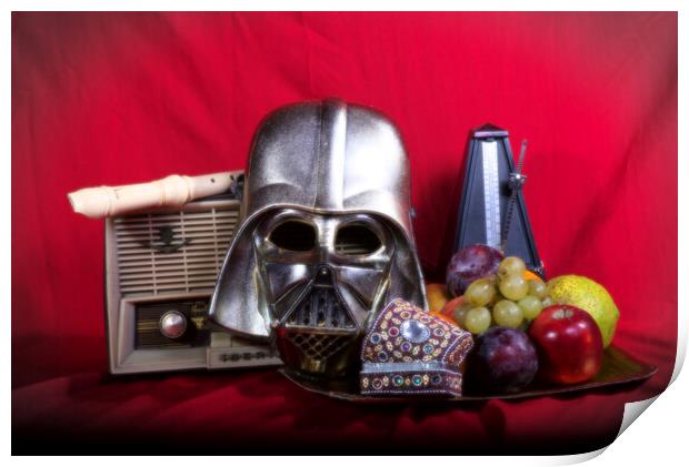 Still life with an old radio, mask and some fruit Print by Jose Manuel Espigares Garc